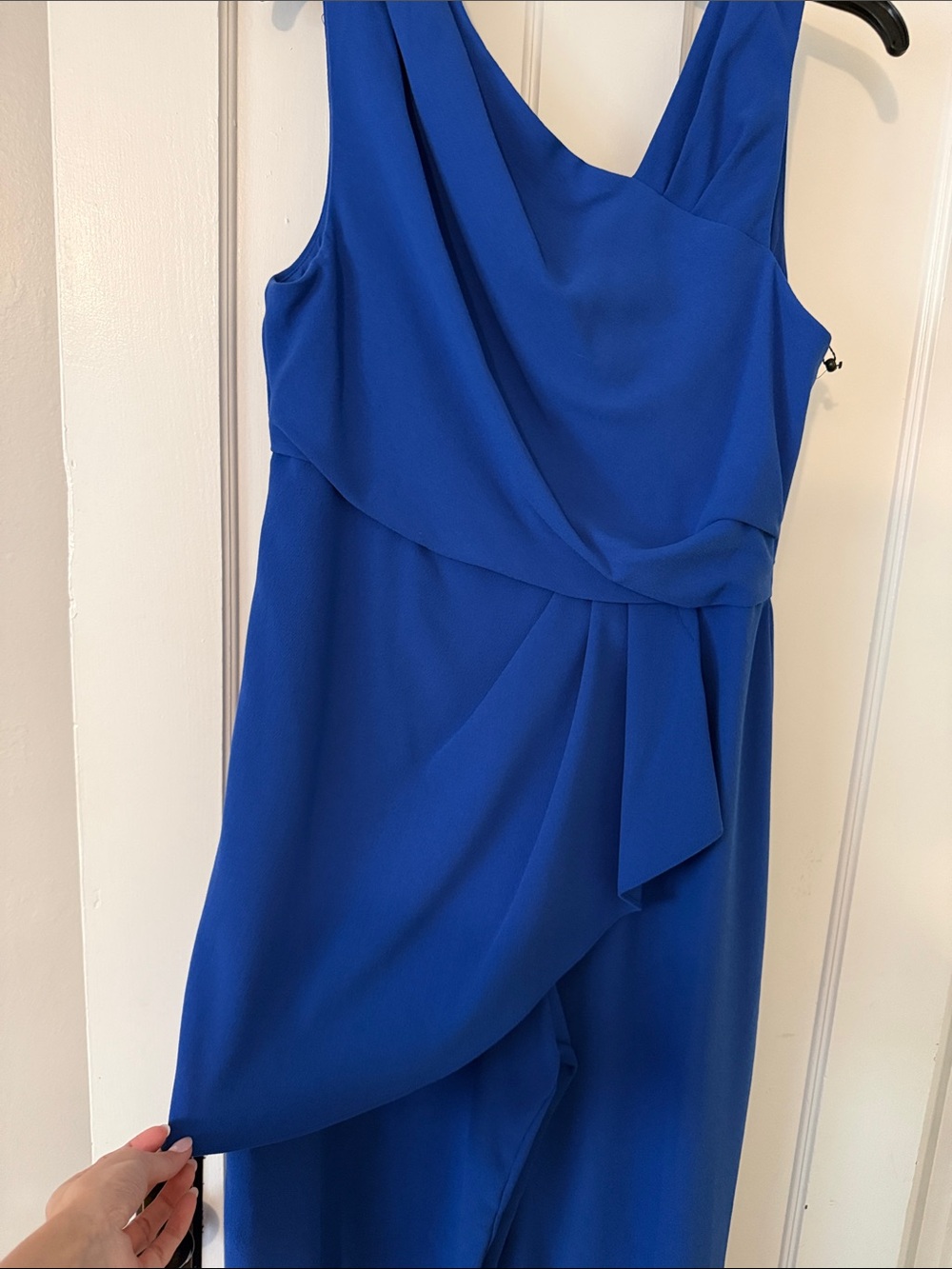 Adrianna Papell Neptune Blue Asymmetrical Crepe Jumpsuit - Picture 3 of 6